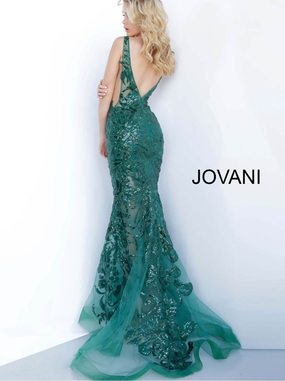 Jovani Emerald Green Embellished V-Neck Mermaid Gown - Picture 2 of 6
